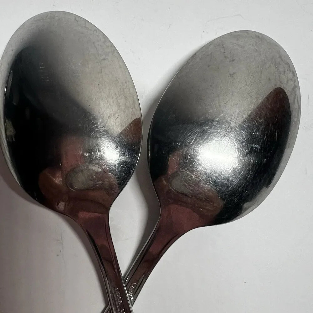 Lot of 2 Vintage International Stainless USA Rose Lace Oval Soup Spoons 7 1/8
